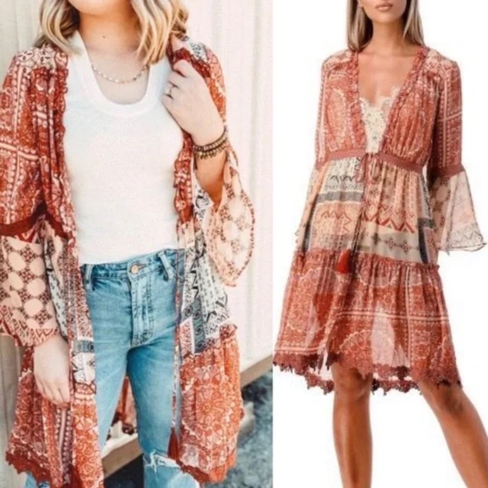 Miss Me Kimono Duster Top Tie Front Bell Sleeves Sheer Fabric MWOT